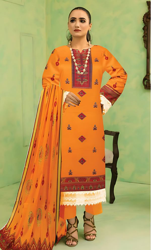 Sunset Charm  Deep Orange Lawn 3PC