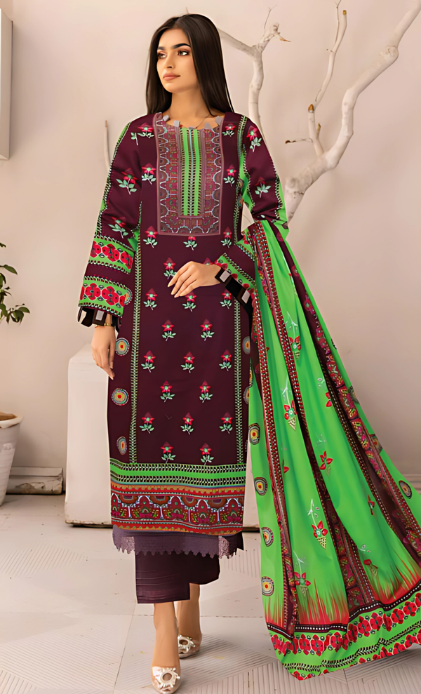 Velvet Orchid  Plum & Green Lawn 3PC