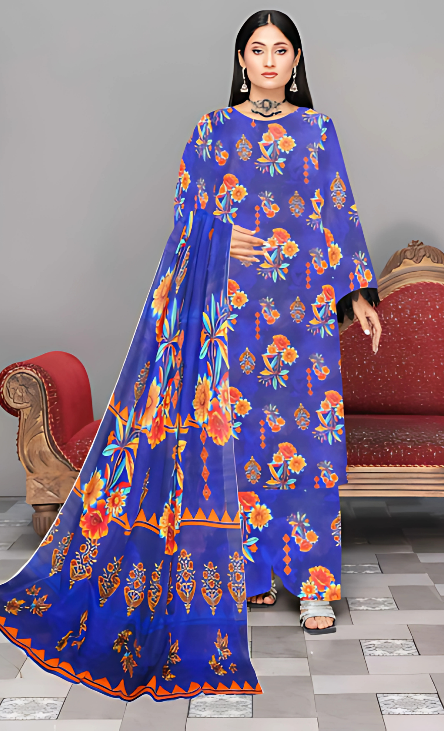 Mirha Vol 06 Design 02 – MORjan 3-piece lawn suit (front view)