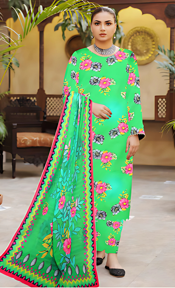 Mirha Vol 06 Design 03 – MORjan 3-piece lawn suit (front view)