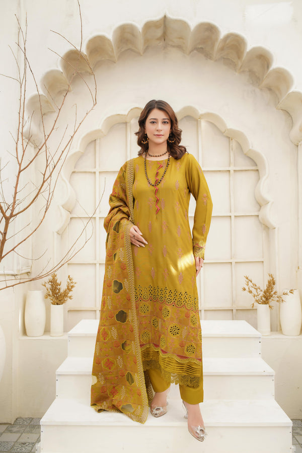 4pc Embroidered Dhanak Olive & Gold Charm