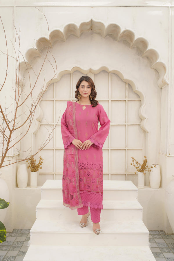 4pc Embroidered Dhanak  Pink & Fuchsia Delight