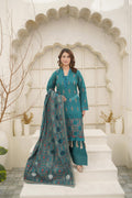 4pc Embroidered Dhanak  Teal & Coral Grace