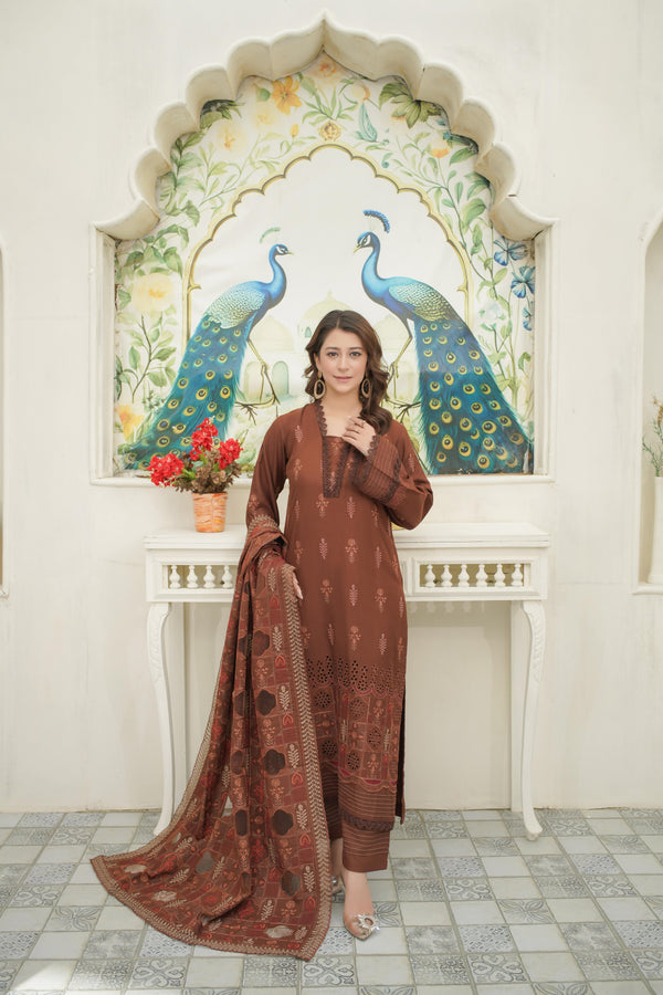 4pc Embroidered Dhanak Brown & Rust Elegance